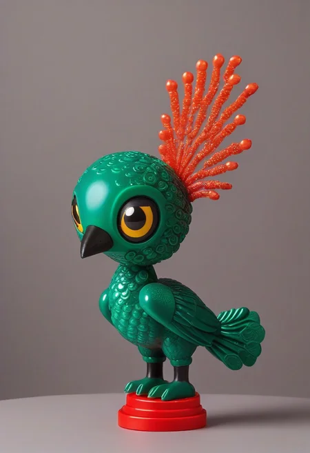 Made with Plastic Toys (a Peacock bird made out of malachite_style with sparkle eyes), smile, excited, masterpiece, best quality, good quality, newest, fire explosion, crazy, creative, malachite_style, (alienworld) novuschroma53 style