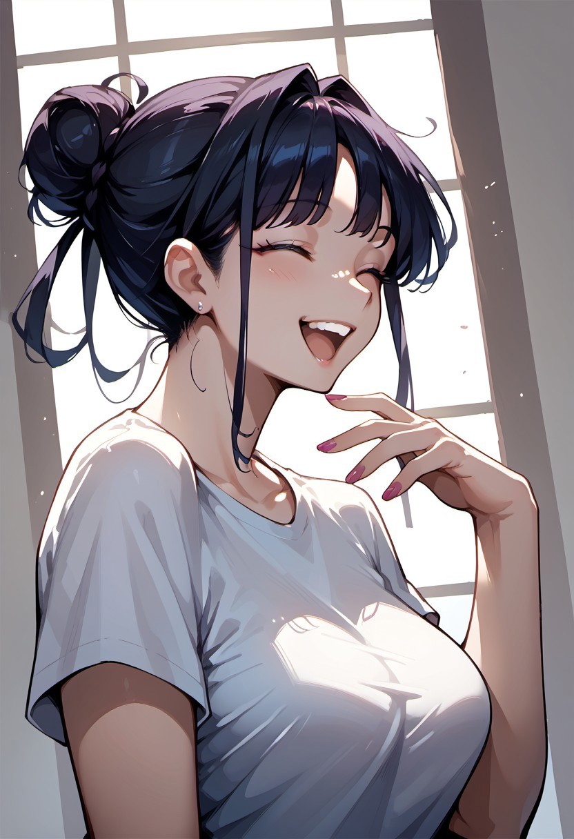 score_9, score_8_up, score_7_up, score_6_up, 1girl, source_anime, 
1girl, Hina,
haircut bangs, hair bun, smiling, laughing,
Dutch angle,