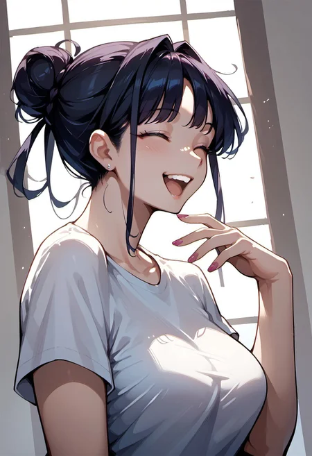 score_9, score_8_up, score_7_up, score_6_up, 1girl, source_anime, 
1girl, Hina,
haircut bangs, hair bun, smiling, laughing,
Dutch angle,