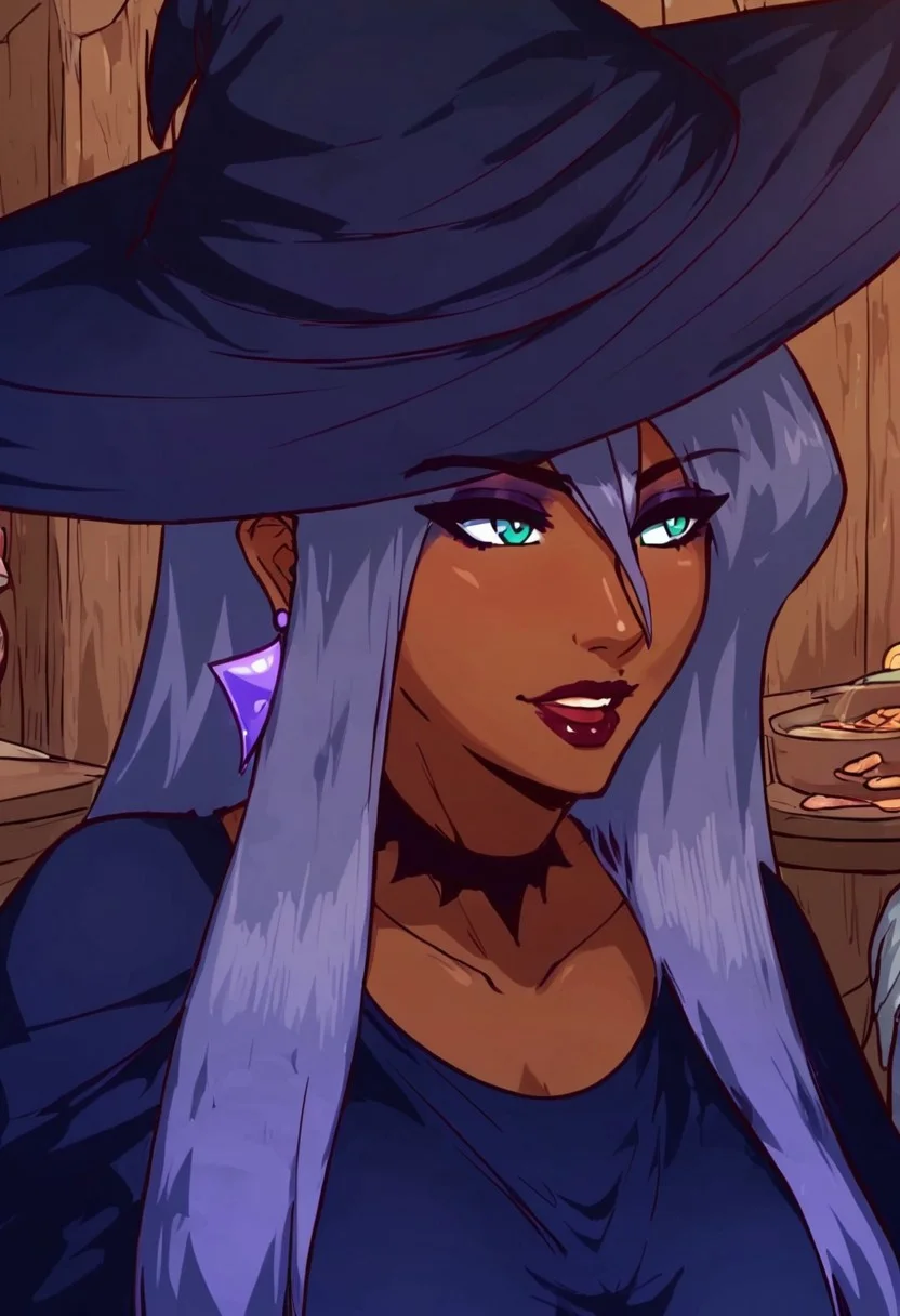 Score_9_up, score_8_up, score_7_up, score_6_up, source_realistic, BREAK pleasure, 1girl, Rizella, dark skin, violet hair, aqua eyes, big breasts, Dark purple witch hat, Dark purple dress, makeup, earrings, choker,