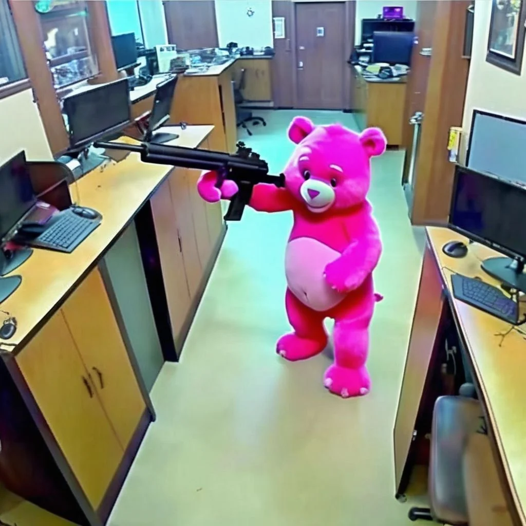 A CCTV Style photo of carebear with a big gun  <lora:SDXL-CCTV-Style-Lora:0.7>