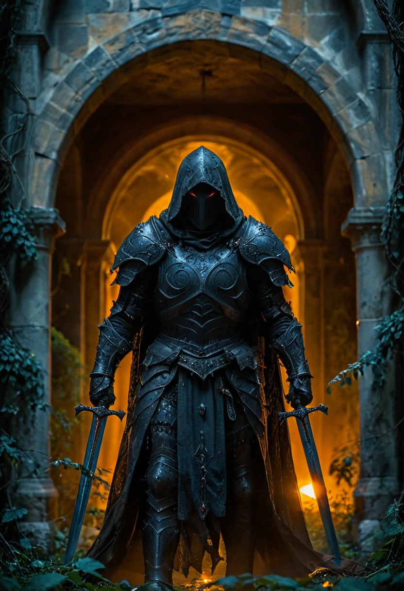 full body, front view, lone hooded dark figure, face shrouded in darkness, glowing eyes, wearing dark intricate layered leather armor, wielding dual swords, walking under a large stone arch covered in dense vines and vegetation, foggy mystical atmosphere, eerie, foreboding, stygian, masterpiece, (enshrouded in mist), creative, magical landscape, mysterious, ethereal, late evening, full moon, diffused lighting, cinematic, masterpiece, god rays
highest quality, intricately detailed, ultra high resolution, 8k, high dynamic range, vibrant colors, stark contrasts, detailed shadows, sharp focus
<lora:EasyFix:1.0>negative <lora:add-detail-xl:2.5> all <lora:XL_Weapon_Dual_Swords_-_By_HailoKnight:0.7>
