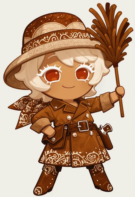 masterpiece,best quality,amazing quality,
colored eyelashes,white eyelashes,
brown leather duster coat, beige hat, cinnamon-themed accessories, rugged pose, solo, full body, simple background, (western theme:1.1), (spice theme:1.1), bandana with cinnamon-patterned print, holstered pistol with cinnamon-shaped grip, boots with cinnamon-colored stitching, warm smile, dusty beard, holding cinnamon-scented cigar
crk1styl111,<lora:lycoris:1>,(chibi:1.4),
