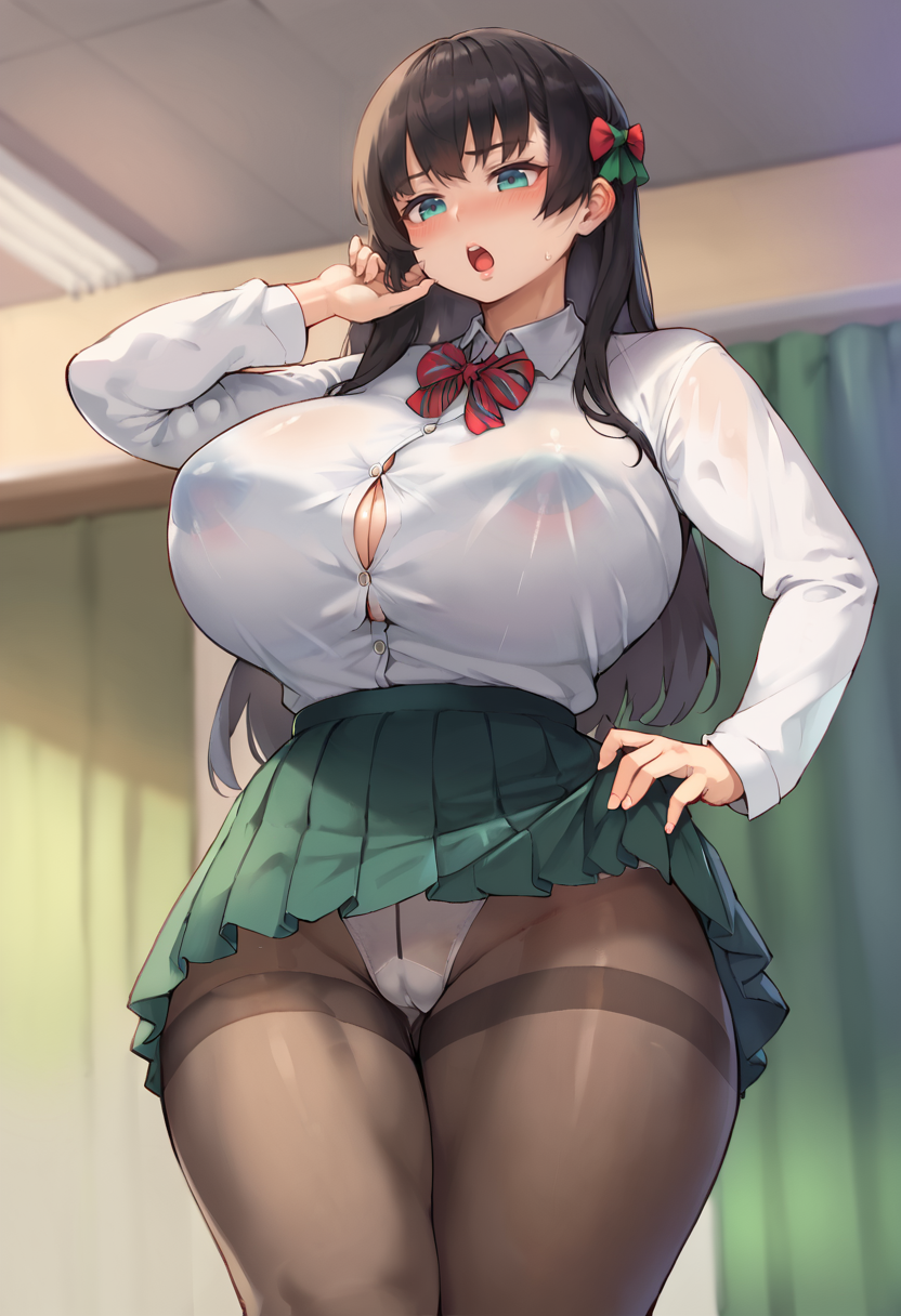 score_9, score_7_up,  1girl, 
solo, huge breasts, wide hips, thick thighs, hair bow, green skirt, open mouth, miniskirt, shirt, bow, black hair, curvy, panties, thighs, covered nipples, white shirt, skirt, collared shirt, underwear, white panties, black pantyhose, standing, pantyhose, blush, cameltoe, aqua eyes, long hair, breasts, long sleeves, hand on own hip, pleated skirt
 <lora:jairou-Style-PonyXL-GLoRA-000043:1>