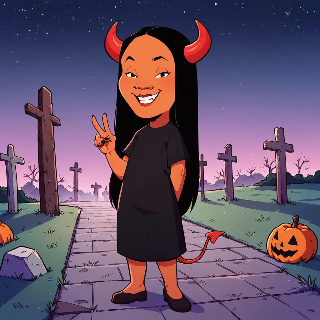 score_9, score_8up, score_7up, score_6up, solo, 1girl, Connie S KOTH, dark skin, black eyes, long hair, black hair, cowboy shot,
smug grin, big mouth, half-closed eyes, flat chest, short stack, standing, candy on the ground, full body, devil costume, devil horns, devil tail, peace sign, perfect hands, perfect eyes, 
outdoors, graveyard, tombstones, dead trees, starry night sky, fog, Halloween, leaning back, looking at viewer,