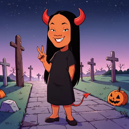 score_9, score_8up, score_7up, score_6up, solo, 1girl, Connie S KOTH, dark skin, black eyes, long hair, black hair, cowboy shot,
smug grin, big mouth, half-closed eyes, flat chest, short stack, standing, candy on the ground, full body, devil costume, devil horns, devil tail, peace sign, perfect hands, perfect eyes,
outdoors, graveyard, tombstones, dead trees, starry night sky, fog, Halloween, leaning back, looking at viewer,