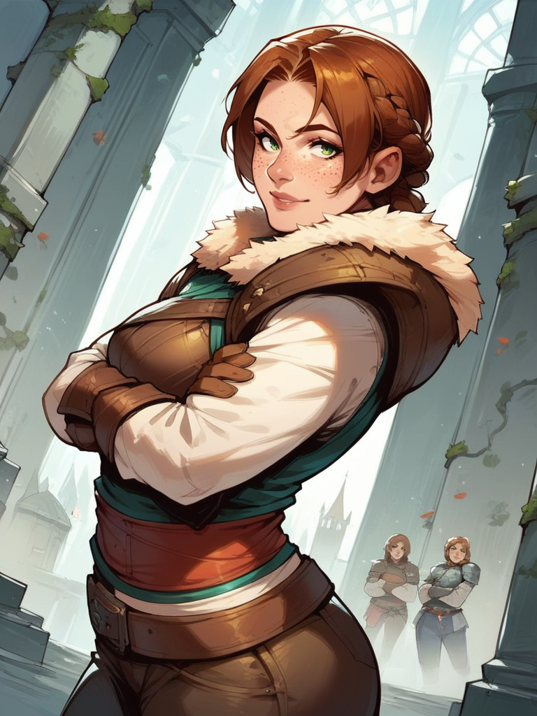 score_9, score_8_up, score_7_up, 1girl, dynamic pose, cowboy shot, light smile, looking at viewer, daylight, sexy pose, sexually suggestive, white light,
<lora:ALaceHarding_character:0.8>,LaceHarding, freckles, short hair, brown hair, short hair, green eyes, fur trim, armor, gloves, pants, belt, braid, curvy, cartoon, <lora:2XKO_style:0.85>, 2XKO, crossed arms, dutch angle, castle