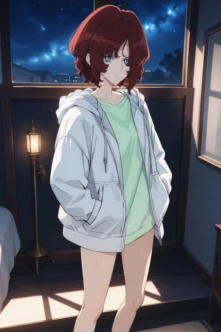 score_max, (score_9, score_8_up, score_7_up:1.2), score_6_up, official art, source_anime, anime screencap,
, masterpiece, absurdres, high detail, 8k,
hotel, dark room, window, night, starry sky,
standing, hand in pocket, expressionless, looking at viewer,
ami, gray jacket, open jacket, hooded jacket. sleeves past wrists, green shirt, no pants, barefoot
<lora:XL_Pony_anime-lupin5-ami-t2:1.3>