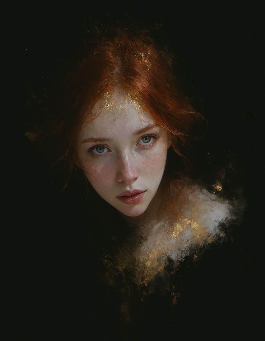 Figurative Close up portrait, surreal, Oil painting.

Subject: Cherubic, red haired woman, alabaster skin.

Palette: crushed lavender blush, powdered sugar highlights, inky voids.
Makoto Fujimura-inspired nihonga marbling meets Klimt-esque gilt textures. Diffused light fractures through airborne ink droplets—innocence laced with liquid chaos.
