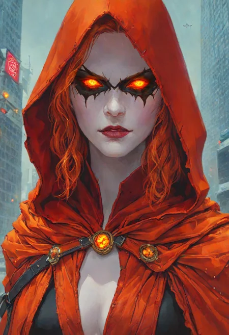 score_9, score_8_up, Hallows Eve, glowing eyes, hood, yellow eyes, parted lips, hood up, white skin, orange eyes, mask, looking at viewer, (seductive smirk), new york city scene background, 1girl, maximum details, intricate