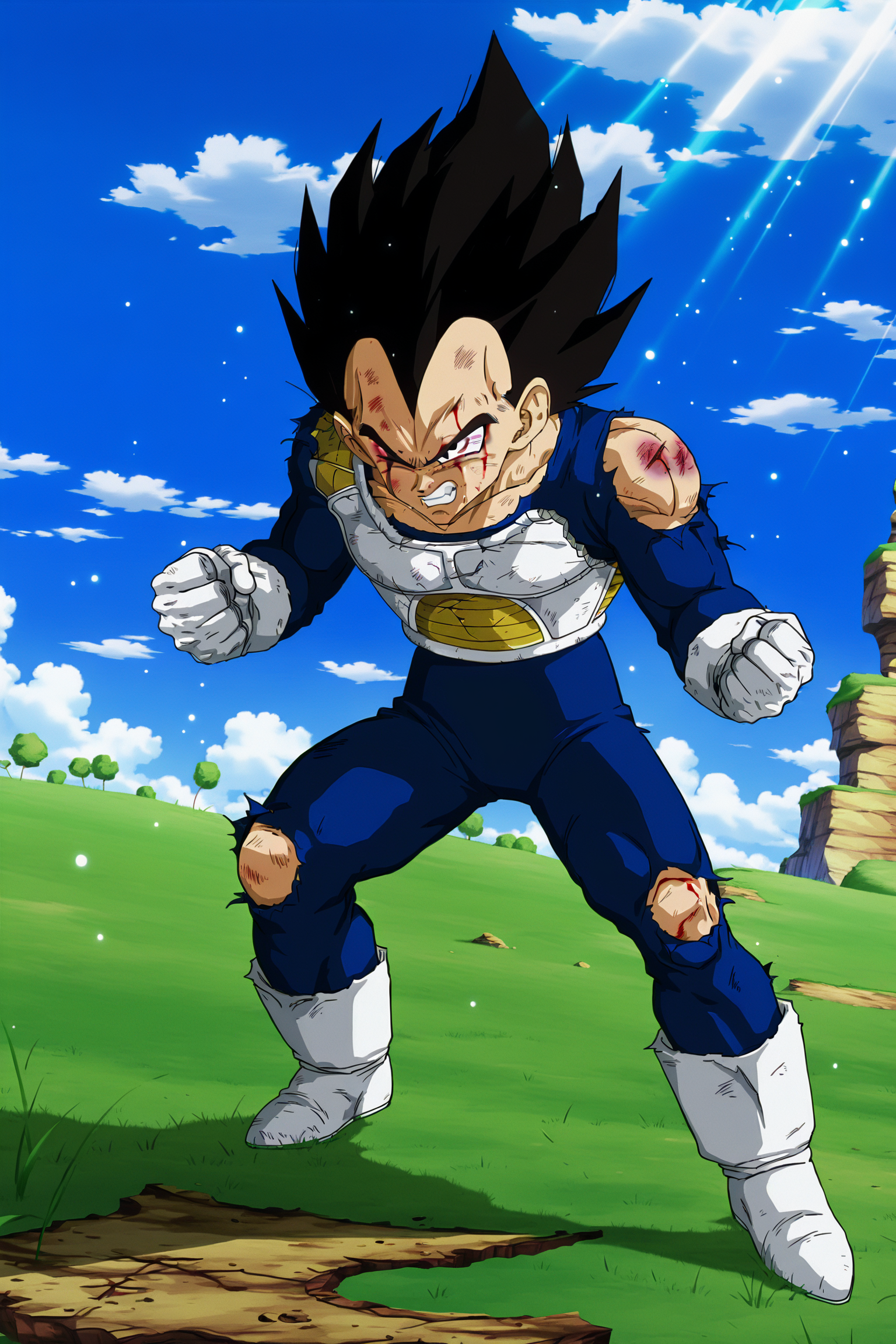 anime screencap, masterpiece, best quality, amazing quality, very aesthetic, absurdres,  newest, (scenery, volumetric lighting), official style, dappled sunlight, light particles, light rays,
vegeta, namek saga, official style, solo, black hair, 1boy, male focus, boots, outdoors, one eye closed, sky, teeth, day, cloud, white gloves, damaged shoulder armor, black eyes, blue sky, torn clothes, blood, muscular, white footwear, grass, spiked hair, clenched teeth, angry, clenched hands, injury, bruise, torn bodysuit, saiyan armor, blue bodysuit, damaged armor, bruised eye, v-shaped eyebrows, destroyed clothing
<lora:Vegeta_IL_V2:0.8>