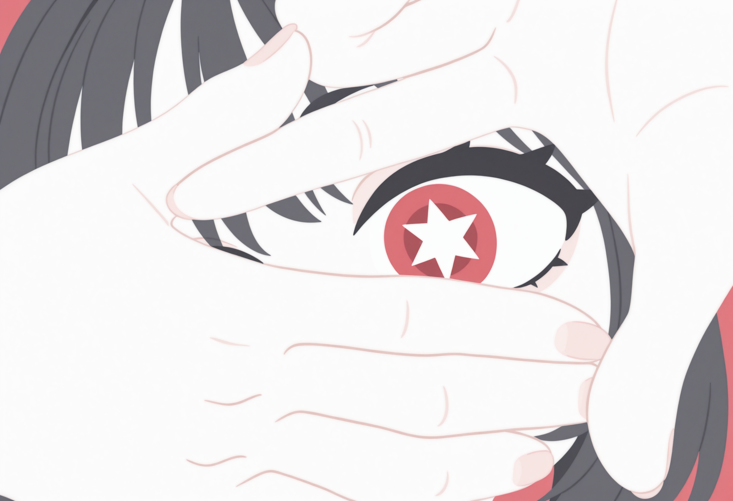 masterpiece, best quality, very aesthetic, absurdres, newest,
1girl,  close-up, from above, flat color, star-shaped pupils, upper body,   hand frame, eye focus, black hair, thick eyelashes, 
, <lora:pochi_science_ill:1.1>
, <lora:NOOB_EPSv1_1_detailer_by_vlnvk_v0_5:1>