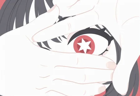masterpiece, best quality, very aesthetic, absurdres, newest,
1girl,  close-up, from above, flat color, star-shaped pupils, upper body,   hand frame, eye focus, black hair, thick eyelashes, 
, <lora:pochi_science_ill:1.1>
, <lora:NOOB_EPSv1_1_detailer_by_vlnvk_v0_5:1>