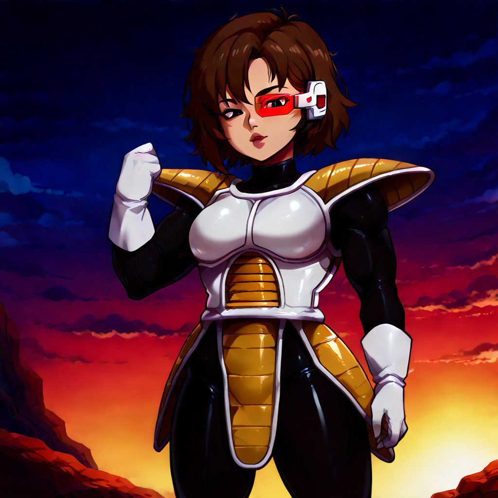 bbw,score_9,score_8_up,score_7_up,score_6_up, Expressiveh, ultra-detailed,masterpiece, best quality, good quality, newest,anime,highres,high detail,, 
solo,cute,medium breasts,detailed background,outdoors, vivid colors, detailed lips,looking at viewer, close-up, thick muscular body, <lora:Saiyan_Armor_IL:1>,(white saiyan armor), scouter, shoulder pads, hip armor, white gloves, black body suit,, 
abs, one arm flex,legs apart, from below view,, 
brown hair,messy hair,lips,(detailed eyes),dark eyelids,slanted eyes,half-closed eyes,black eyes, nobility,noble,, 
<lora:Kevab:0.4>,jlullaby,shiny skin,<lora:Lunas-JLullaby-SDXL-A3:1>, mrscrambled,Greatestgori style, greatestgori style-pxl,<lora:MusouzukiXL:0.4>