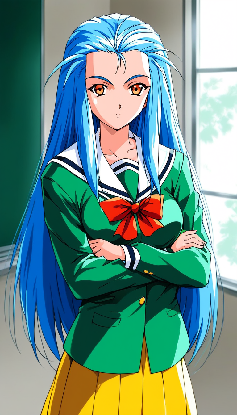 score_9, score_8_up, score_7_up, source_anime, rating_explicit, BREAK <lora:Minazuki_Kotoko_XL:1> Minazuki_Kotoko, blue hair, long hair, orange eyes, medium breasts,
1girl, solo, school uniform, furrowed brow, looking at viewer, long sleeves, green shirt, serafuku, indoors, shirt, window, 1990s (style), Yellow skirt,
cross arms,