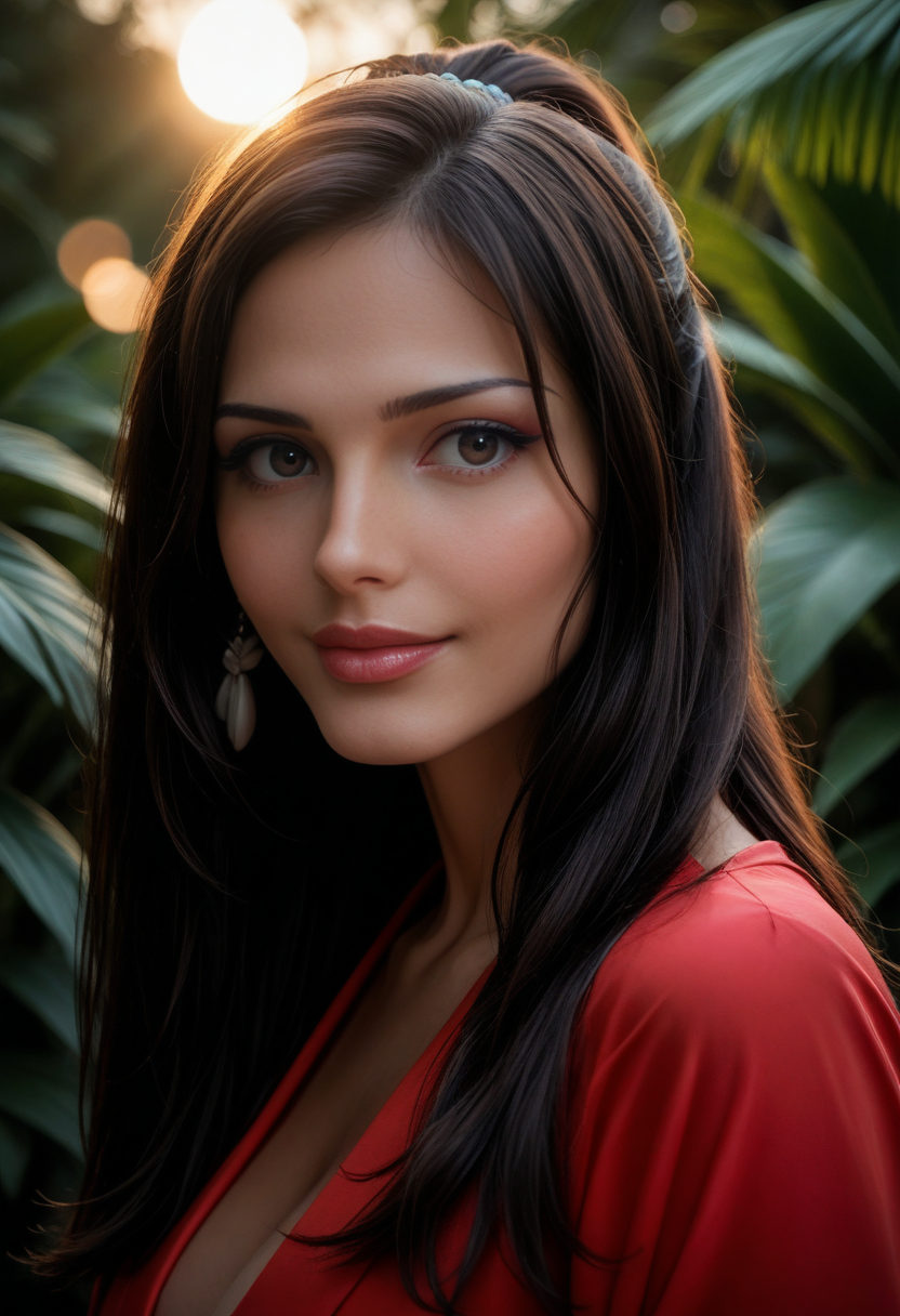 score_9, score_8_up, score_7_up, Patricia Araujo, Patricia4r4ujo, <lora:Patricia4r4ujo-000008-pony:1>,    cinematic, ultra detailed, portrait, 1girl, makeup, lips, long hair, high ponytail, bangs, dark hair, big lips, wearing red kimono, tropical, ascott, solo, looking at viewer, bokeh, focus, film, velvia, artistic, best quality, photograph, focus, face focused, magic hour, photography, warm light, sunset, movie still,