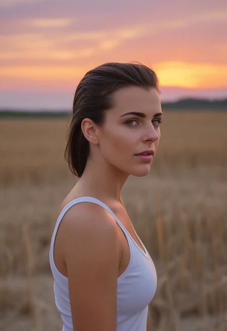 30yo american woman in a wheat field
Small eyes. Brown eyes.
Wearing white tank top. no makeup. Clear skin.  realistic skin style
Long dark black slick back hair. No makeup. Dusk, Street light. Looking at camera POV. Slight smile, tilting head.. Tilt head. Hands in head, face, lips.
Medium Close Up shot. Bokeh. Bokeh light. Sunset. yellow, purple sky.