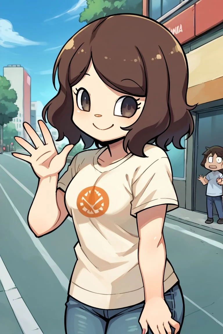 score_9, score_8_up, score_7_up, score_6_up, score_5_up, score_4_up, source_anime, 1girl, solo focus, brown hair, medium hair, (Skinny:0.7), (plump:0.9), waving, hand up, T-Shirt, Jeans, city sidewalk, (open mouth:0.4), contrapposto, standing, presenting, murmika, looking_at_viewer, arm at side, blue sky, smile