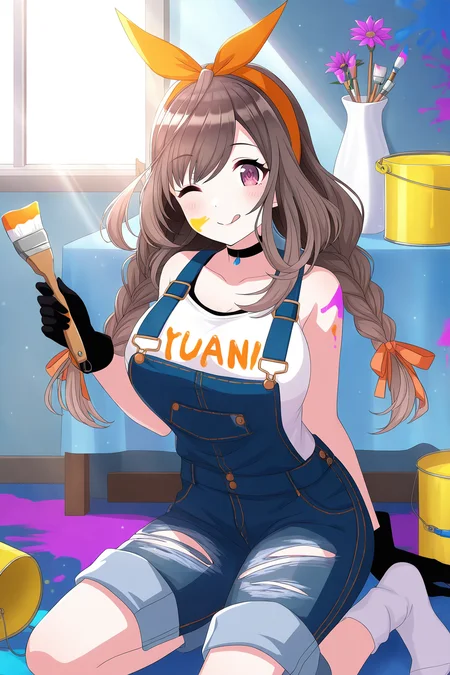<lora:TsukiokaKogane:0.8>, Tsukioka Kogane, 1girl, one eye closed, paint can, paintbrush, tongue out, paint splatter, overalls, gloves, socks, shirt, tongue, white socks, solo, breasts, choker, hairband, braid, looking at viewer, sleeveless, black gloves, flower, smile, twin braids, clothes writing, ;q, kneeling, suspenders, white shirt, indoors, sleeveless shirt, paint, collarbone, blue overalls, denim, black choker, holding paintbrush, bare shoulders,paint splatter on face, tank top, dutch angle, no shoes, torn clothes, vase, pants, orange ribbon, ankle socks, orange hairband, day, ribbon, sunlight, hair ribbon, bucket, torn pants, hair flaps