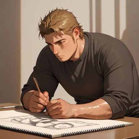 masterpiece, best quality, amazing quality, absurdres, newest, detailed background, definition so sharp, Ultra-HD, 8K cinematic, very awa, impressionate, amazing quality, highres,
solo, male focus, manly, plump, shadow, shiny skin,
ekusoushizumu, ekusou_brunette, ekusou_orange eyes, 1boy, short hair, sideburns, stubble, artistic, thoughtful, studio, drawing, painting, sketchbook, warm_colors, muted_tones, classical_music, deep_in_thought, pensive, inspiration, creative_space, vintage