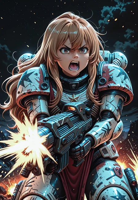 Masterpiece, absurdres, best quality, newest, solo, highly detailed, taiga aisaka, 1girl, long hair, brown hair, brown eyes, anime screencap, space marine armor, firing heavy bolter, yelling, battlefield setting, embers, black sky, stars, grimdark, BlackT40k