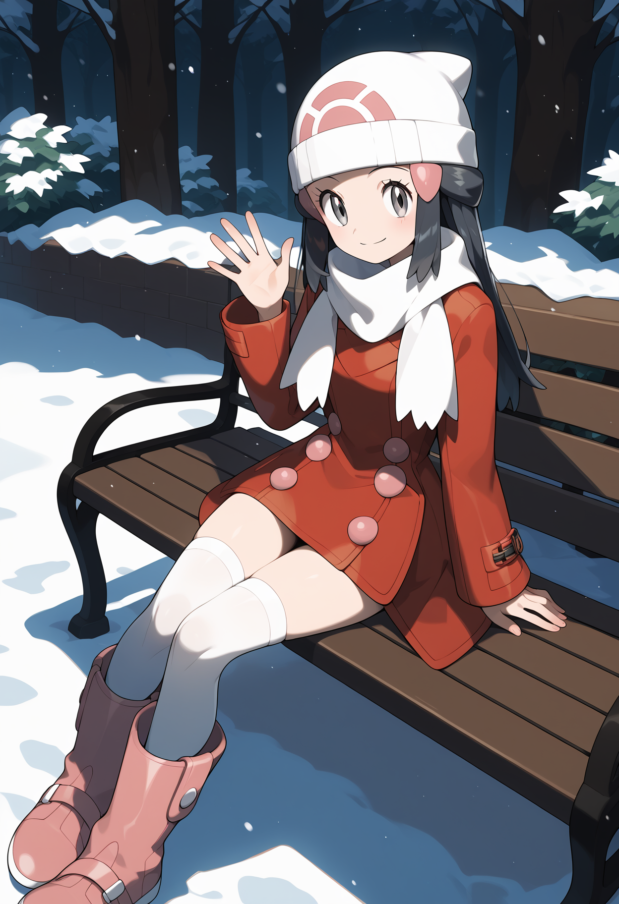 score_9, score_8_up, score_7_up, score_6_up, score_5_up, score_4_up, source_anime, aadawn, long hair, black hair, beanie, white headwear, hair ornament, grey eyes, breasts, white scarf, red coat, long sleeves, white thighhighs, <lora:dawn_(pokemon)_ponyxl_v1:0.9>, sitting, bench, winter, waving, outdoors, smile, pink footwear, knee boots,