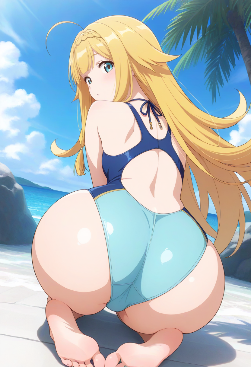 newest, masterpiece, best quality, 4k,
outdoors, very aesthetic, detailed background, full body,
1girl,solo,  <lora:Liselotte Homuros:1> lisel0tte, blonde hair, very long hair, hair flaps, ahoge, braid, swimsuit, one-piece swimsuit, open back, ass focus, looking back at viewer