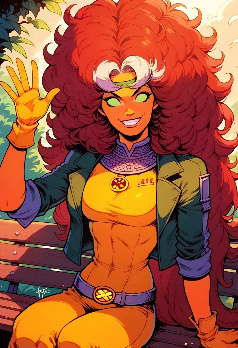 score_9, score_8_up, score_7_up,score_9, score_8_up,<lora:r0gue:0.85>,1girl, StarfireDG, red hair, orange skin, green eyes, no pupils, DEFrogue, long hair, dyed bangs, white bangs, headband, bodysuit, jacket, yellow gloves, belt, sitting on bench, smile, waving hand, smile, kind, looking at viewer, dynamic view, in the garden, sfw