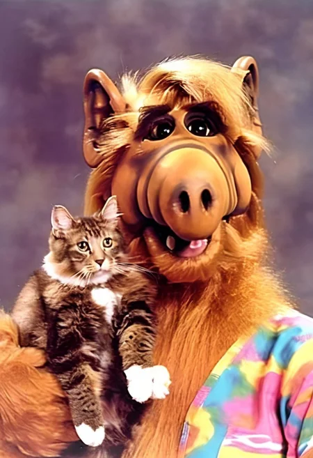 a portrait of Alf Person woman holding a cat, double exposure effect, a80psdxl, dark background, <lora:a80psdxl:1>, 1980s \(style\),