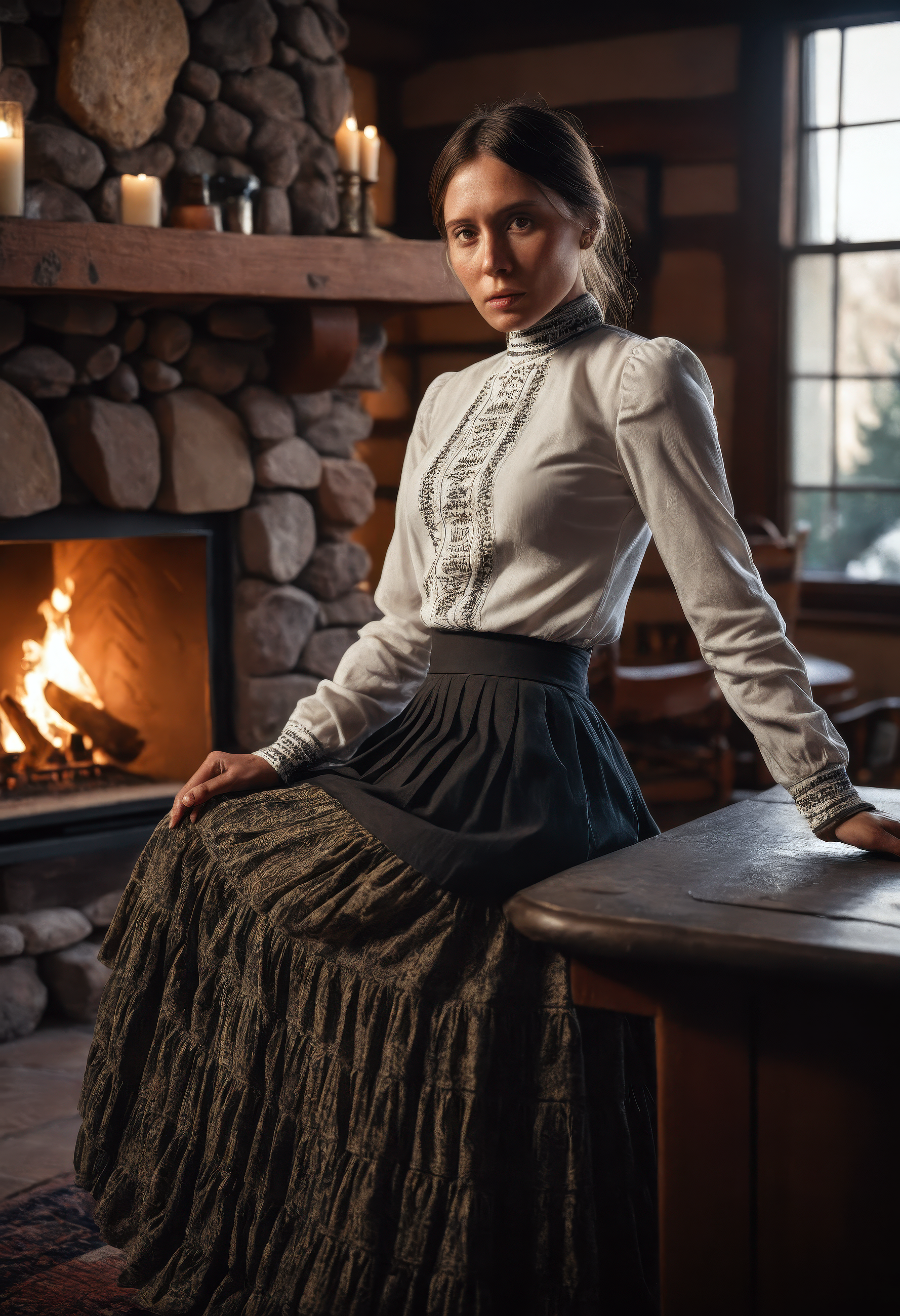 cinematic photo of a woman, lodge with stone fireplace, (derision expression), (high-neck long sleeve blouse with ankle-length skirt), portrait, sdxl_cyberpositive_photo