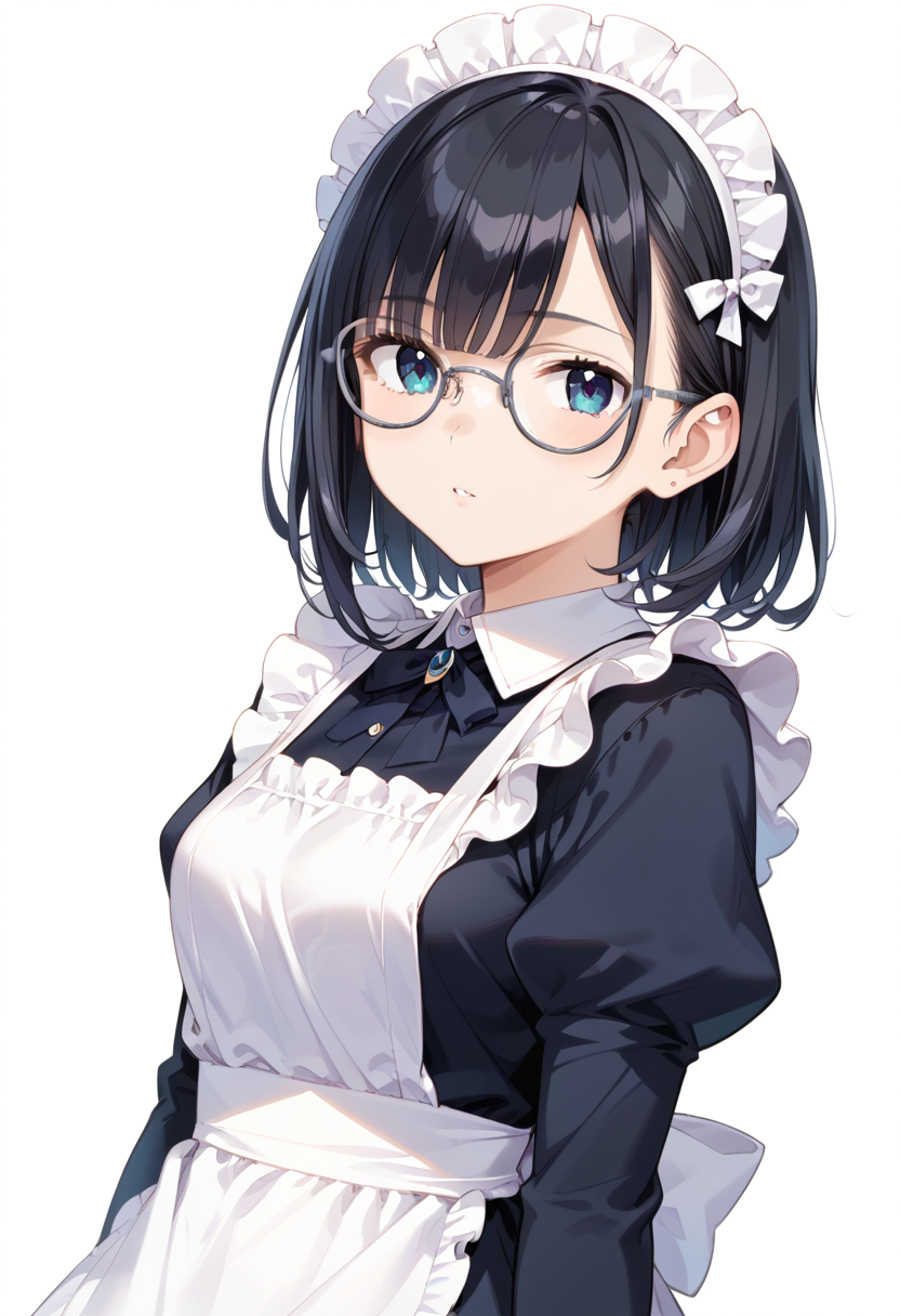 score_9, score_8_up, score_7_up, rating_safe, masterpiece, best quality, absurdres, unity 8k wallpaper, official art, official style, source_anime, uncensored, game cg, megami magazine,
1girl, solo, black hair, medium hair, upper body, covered eyes,maid, maid headdress, black dress, maid apron, face focus,
round_glasses22A, glasses, still life, white background, simple background, grey-framed eyewear,
 <lora:glasses_Round_PONY_V1:1>