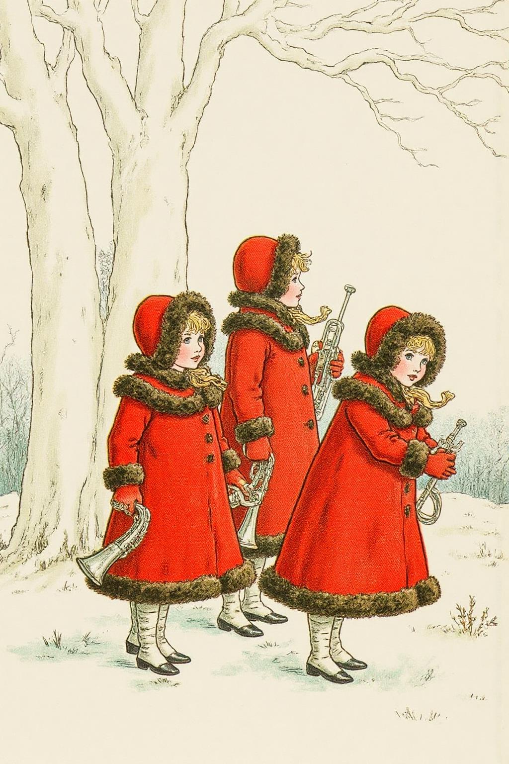 kategreenaway1 illustration. 
Three children are dressed in red winter coats with fur trim and hoods, standing outdoors in a snowy landscape. They are carrying some metallic instruments in their hands. The children are positioned near a large tree, and the background shows a wintry scene with bare branches and a pale sky. <lora:kategreenaway1_f16e6:1.0><lora:870761503429545764:0>