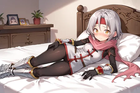 score_9, score_8_up, score_7_up, score_6_up, source_anime, BREAK, <lora:Zilva:0.65> , zildef, 1girl, short hair, grey hair, yellow eyes, red headband, mask, scarf, pink scarf, white sweater vest, white shirt, bodysuit, black bodysuit, bodysuit under clothes, (single gauntlet), black gloves, sheathed, armored boots, laying on side, looking at viewer, nervous, blush, closed mouth, full body, <lora:detailed_backgrounds_v2:0.6> , masterpiece, best quality, very aesthetic, absurdres, indoors, bedroom, bed, <lora:04kXLP:0.7> , 04k,
