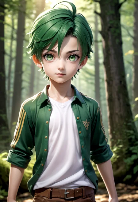 nobu, 1boy, masterpiece, ultra detail, forest, (amber eyes), (shirt), green hair,cowboy shot, long pants, standing,
(masterpiece:1.2), best quality, high resolution, unity 8k wallpaper, (illustration:0.8), (beautiful detailed eyes:1.6), extremely detailed face, perfect lighting, extremely detailed CG, (perfect anatomy),