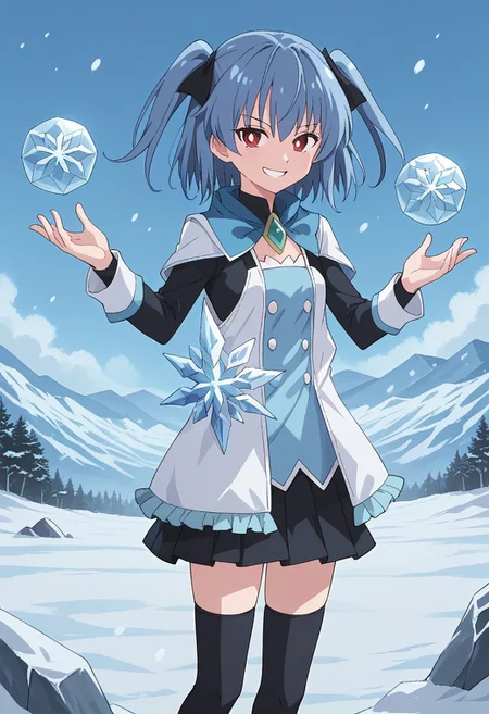 1girl, solo, sumirefrostia, mahoutouki, short hair, two side up, blue hair, red eyes, white pupils, grin, standing, outdoors, Icemagmb, ice, Snow, snowing, snowflakes, Ice ball,