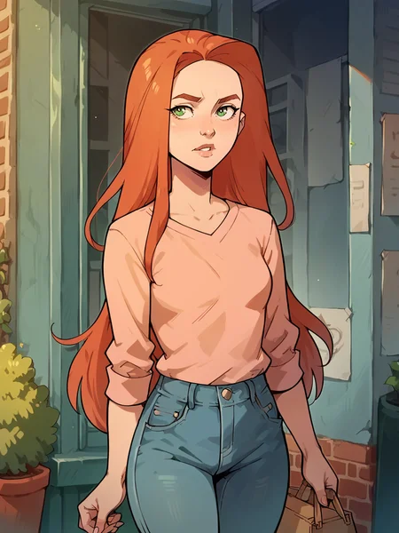 score_9, score_8_up, score_7_up, score_6_up, score_5_up, <lora:EveInvXLP:1> eveinv, 1girl, solo, long hair, green eyes, jeans, shirt