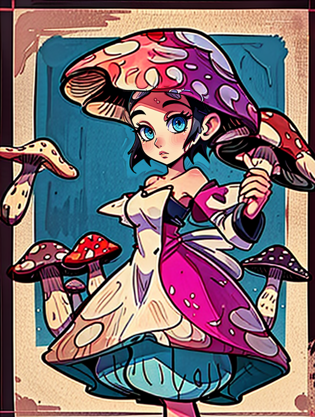 mushroom_elemental, humaniod mushroom, <lora:Lord AK Style - V1:0.95> lord_ak_style, popart, colorful, magical, mushroom field,  <lora:l_32:-0.65>, woman/mushroom, <lora:By Baygel - Merge:0.03> in the style of baygel, a digital painting, baygel_style, solo, ai assisted<lora:LCM_SD15:1.0>