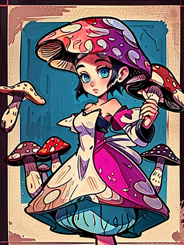 mushroom_elemental, humaniod mushroom, <lora:Lord AK Style - V1:0.95> lord_ak_style, popart, colorful, magical, mushroom field, <lora:l_32:-0.65>, woman/mushroom, <lora:By Baygel - Merge:0.03> in the style of baygel, a digital painting, baygel_style, solo, ai assisted<lora:LCM_SD15:1.0>