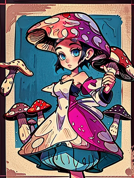 mushroom_elemental, humaniod mushroom, <lora:Lord AK Style - V1:0.95> lord_ak_style, popart, colorful, magical, mushroom field, <lora:l_32:-0.65>, woman/mushroom, <lora:By Baygel - Merge:0.03> in the style of baygel, a digital painting, baygel_style, solo, ai assisted<lora:LCM_SD15:1.0>