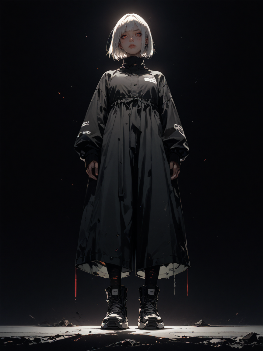 score_9, score_8_up, score_7_up,
illustration-style is yoshitaka amano, digital art.
2.5d,
1girl, 20 years old,
white hair, bob cut.
dark background,
dark color grading.
shoot from below, full body,
<lora:Style-Hyper-SDXL-12steps-CFG-lora:0.5>
<lora:add_brightness_XL:0.>
<lora:add_contrast_XL:0.>
<lora:add_outline_XL:0.1>
<lora:add_saturation_XL:0.> 
<lora:Sinozick_Style_XL_Pony:0.4> sinozick style, dark theme 
<lora:MythAnim3Style:0.6> mythan1m3