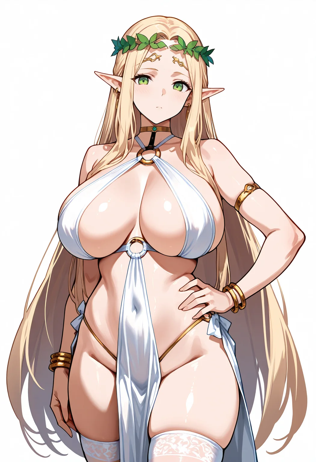 masterpiece, best quality,
1girl, solo,
standing, hand on own hip,
looking at viewer,
<lora:Celestine_Lucross:1> c3l3st1n3l0cr0ss, elf, pointy ears, earrings, choker, green eyes, head wreath, revealing clothes, pelvic curtain, bare shoulders, thighhighs,  o-ring, armlet, bracelet, 
white background, simple background,