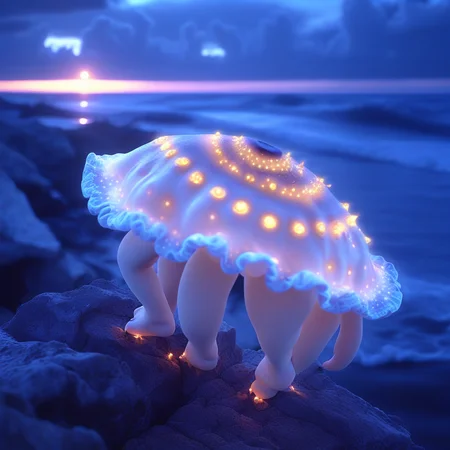 closed eyes, glowing, mushroom, full body, moon, nature, sun, animal focus, no humans, star (sky), cloud, ocean, night, dress, horizon, cloudy sky