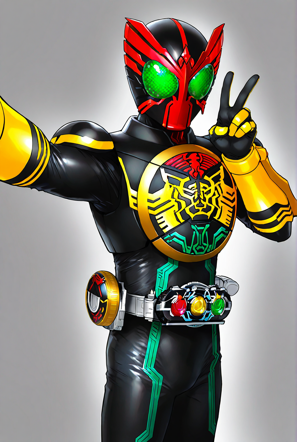 very awe,aesthetically pleasing,masterpiece,best quality,amazing quality,very aesthetic,ultra-detailed,high resolution,8k,1boy,solo,cowboy shot,male focus,detailed face,armor,belt,tokusatsu,bodysuit,helmet,rider belt,black bodysuit,selfie, v, blush,<lora:Kamen Rider ooo:0.7>,kamen rider 000,