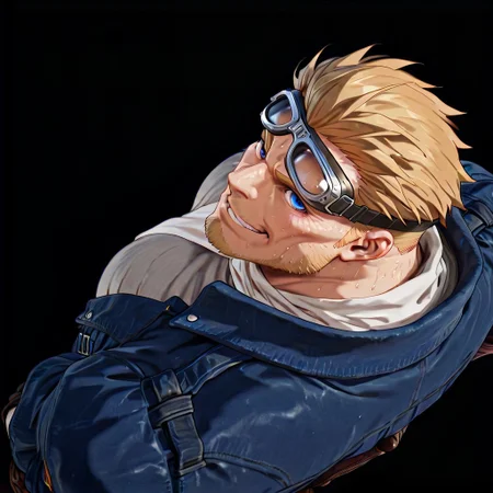RESET, score_9,score_8_up,score_7_up, Highest Quality, 4k, masterpiece, Amazing Details, best quality, detailed image, good illumination, source_furry, rating_explicit, proportionate body, BREAK, solo, daddy, high testosterone, bara, (hyper muscles:1.3), handsome, sexy, confident, badass, (sexy grin:1.0), (hyper pectorals:1.3), (hyper biceps:1.3), (looking at viewer:3.0), (black background:3.5), close up, (upper body focus:3.5), (six pack abs:1.3), (veiny muscle:1.3), (sweaty:1.3),
(detailed eyes:2.0), (detailed face:2.0), (perfect face:2.0), (perfect eyes:2.0),
(from above:4.5), (Dutch angle shot:3.0),
(standing:3.1),
(hands on hips:2.0),
CidHighwindFF, short hair, blonde hair, blue eyes, stubble, mature male, muscular, bandaid,
aviator goggles, blue denim jacket, white scarf, grey shirt, brown leather gloves, belt, brown pants, brown cross-laced boots,
