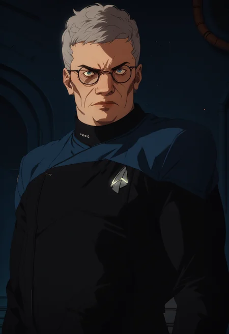 score_7_up, BYRONANDERS, 1boy, solo, grey hair, short hair, glasses,upper body,
pcdst,Star trek uniform,blue,blue shoulders,black jumpsuit
,<lora:PicardPony-000050> <lora:ByronAnders_PXL_Leaf1:0.8>, <lora:Kenva_Enhanced:0.8><lora:Kenva:0.8>