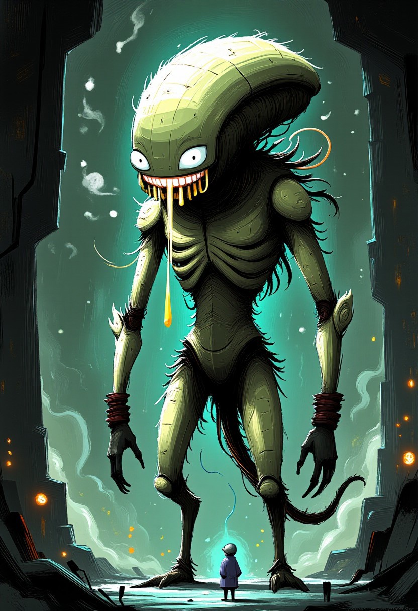 A whimsical illustration of a towering xenomorph with impossibly elongated biomechanical limbs in dark whimsical art style, coiled in predatory stance with translucent drool dripping from its teeth, its ribbed exoskeleton gleaming with otherworldly patterns, digital painting with textured brushstrokes showing intricate mechanical details and organic surfaces, dark spaceship corridor background with steam and floating particles, characteristic Tim Burton inspired design with massive silver eyes hidden beneath its stretched transparent dome-skull, its segmented tail curling through shadows cast by emergency lights.