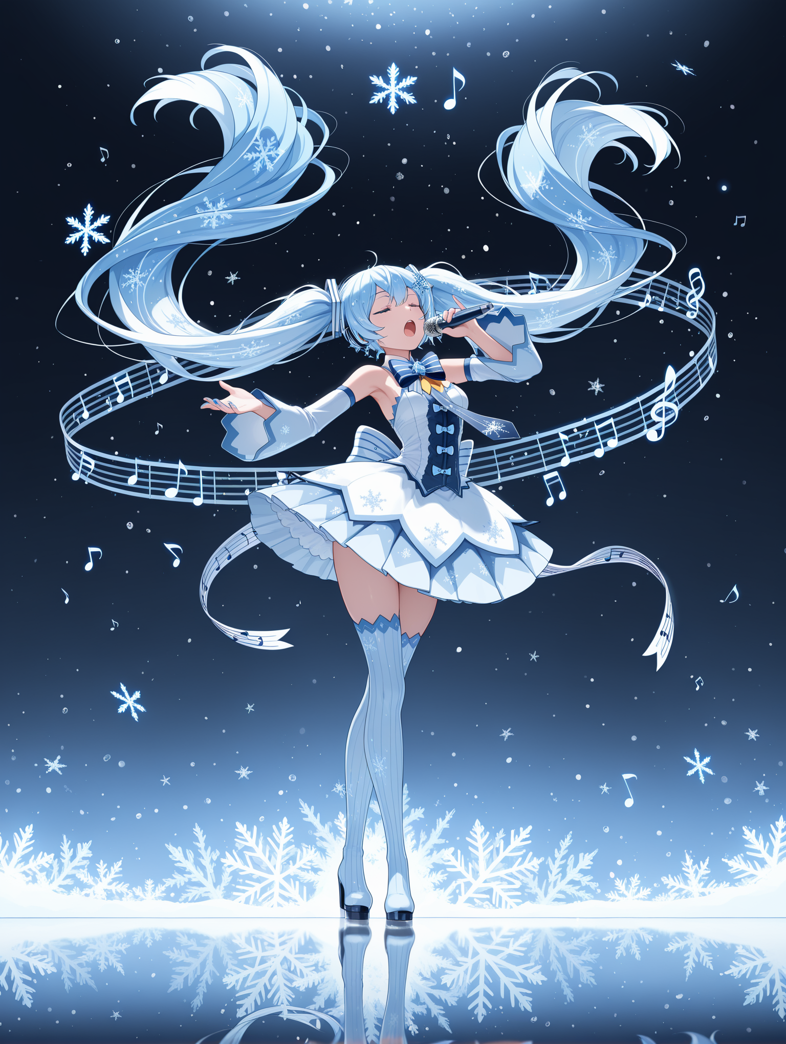 ,1girl,yuki miku,snowflake,snowflake hair ornament,snowflake print,snowflakes,striped bow,twintails,long hair,cyber fashion,musical note,eighth note,singing,dynamic pose,reflection, 
,masterpiece,best quality,amazing quality,