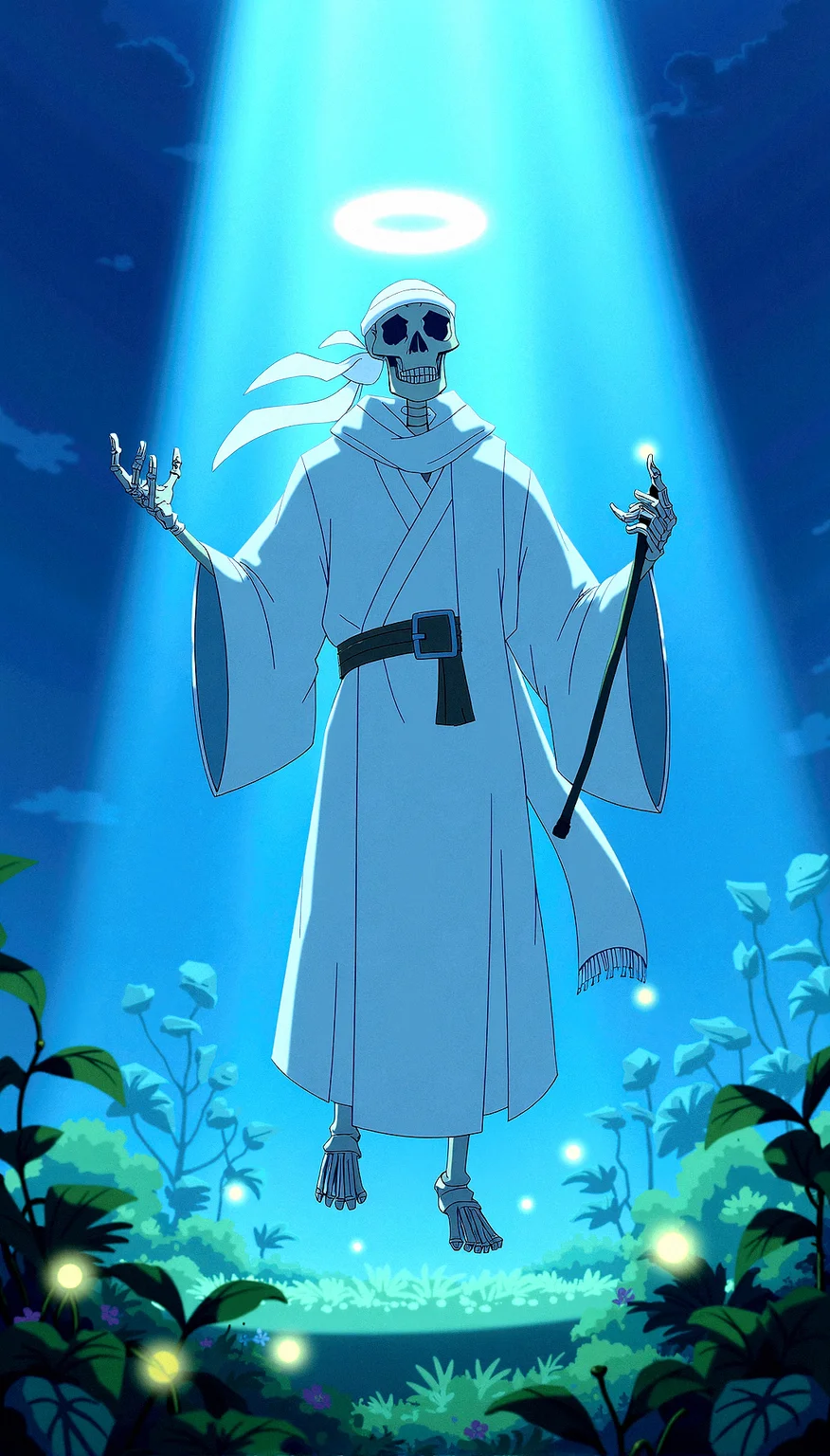 anime screencap of an angelic skeleton sage in white robe, long white scarf and white bandana holding a staff with a halo on top of the skull's head. A bright aura illuminate the angelic skeleton as the skeleton levitate.Soft Fabric Folds, Detailed folds in the fabric to add realism.Soft Haze, A gentle haze effect to create depth and atmosphere.Light Ray Effects, Beams of light to add a magical touch.Cool-Toned Lighting, Blue-tinted light for a ghostly, ethereal feel.High-Detail Textures, Detailed, intricate textures on all surfaces, adding realism.Ethereal Meadow, A peaceful meadow bathed in soft, glowing light.Overgrown mother nature surrounding with bright firelies,
