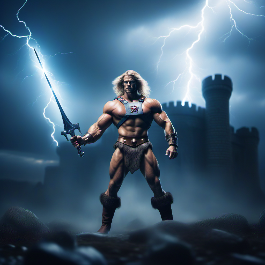 cinematic film still a muscular man, blond long hair, blue eyes, boots, manly, armor, energy sword, skullcastle background, lightning <lora:He-man1024:0.8> . shallow depth of field, vignette, highly detailed, high budget, bokeh, cinemascope, moody, epic, gorgeous, film grain, grainy