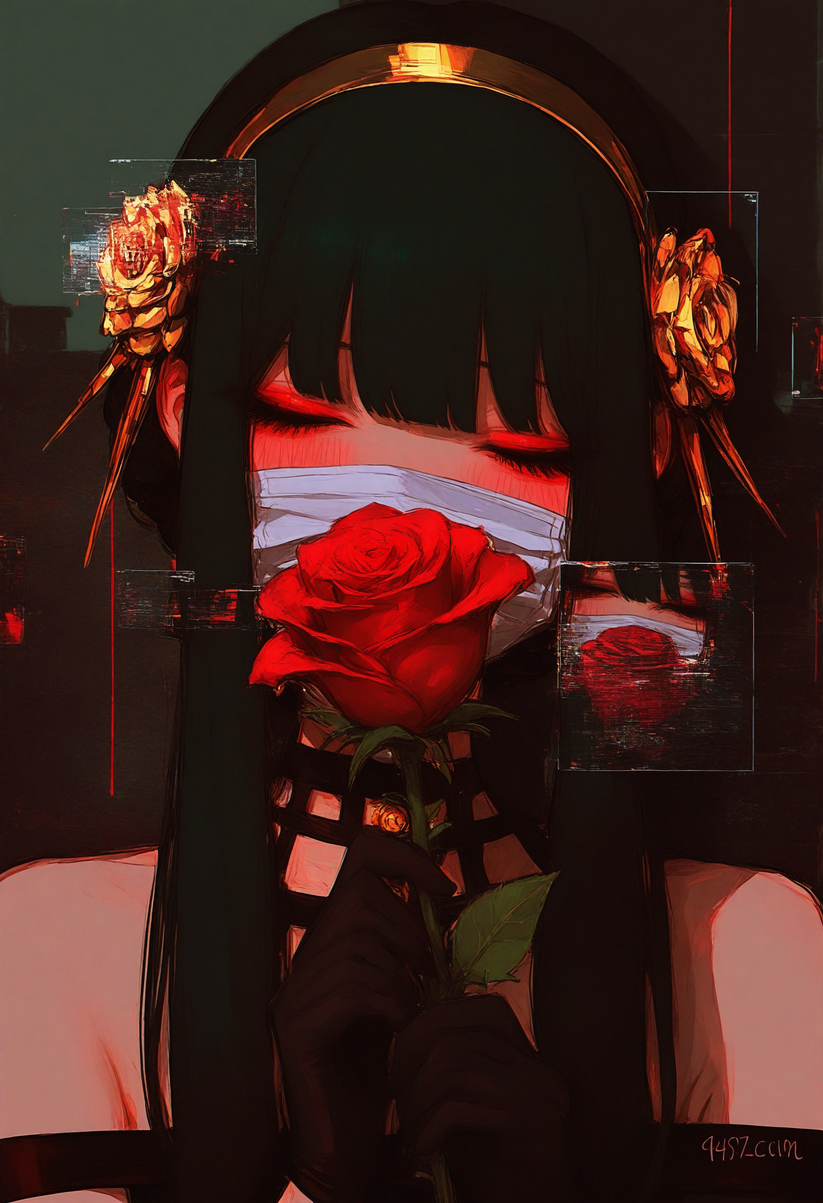 1girl, 
realistic, photo background, glitch, dark theme, 748cm, gloves, solo, mask, holding, black hair, long hair, mouth mask, flower, black gloves, closed eyes, red flower, rose, choker, black choker, holding flower, blunt bangs, upper body, red rose, surgical mask, hands up, makeup, bare shoulders, eyelashes, dress, covered mouth, eyeshadow, blush, red eyeshadow, sidelocks, artist name, black dress,
a digital illustration by the artist 078-kun, known for their distinctive and detailed style. The central figure in the artwork is Yor Briar from the series "Spy x Family. In her hands, she holds two red roses, adding a touch of color to the otherwise monochromatic scene. The background is dark with abstract digital elements that create a sense of depth and intrigue.
masterpiece, best quality
 <lora:748cm-NoobEPS100-lokr-v03-000080:1>